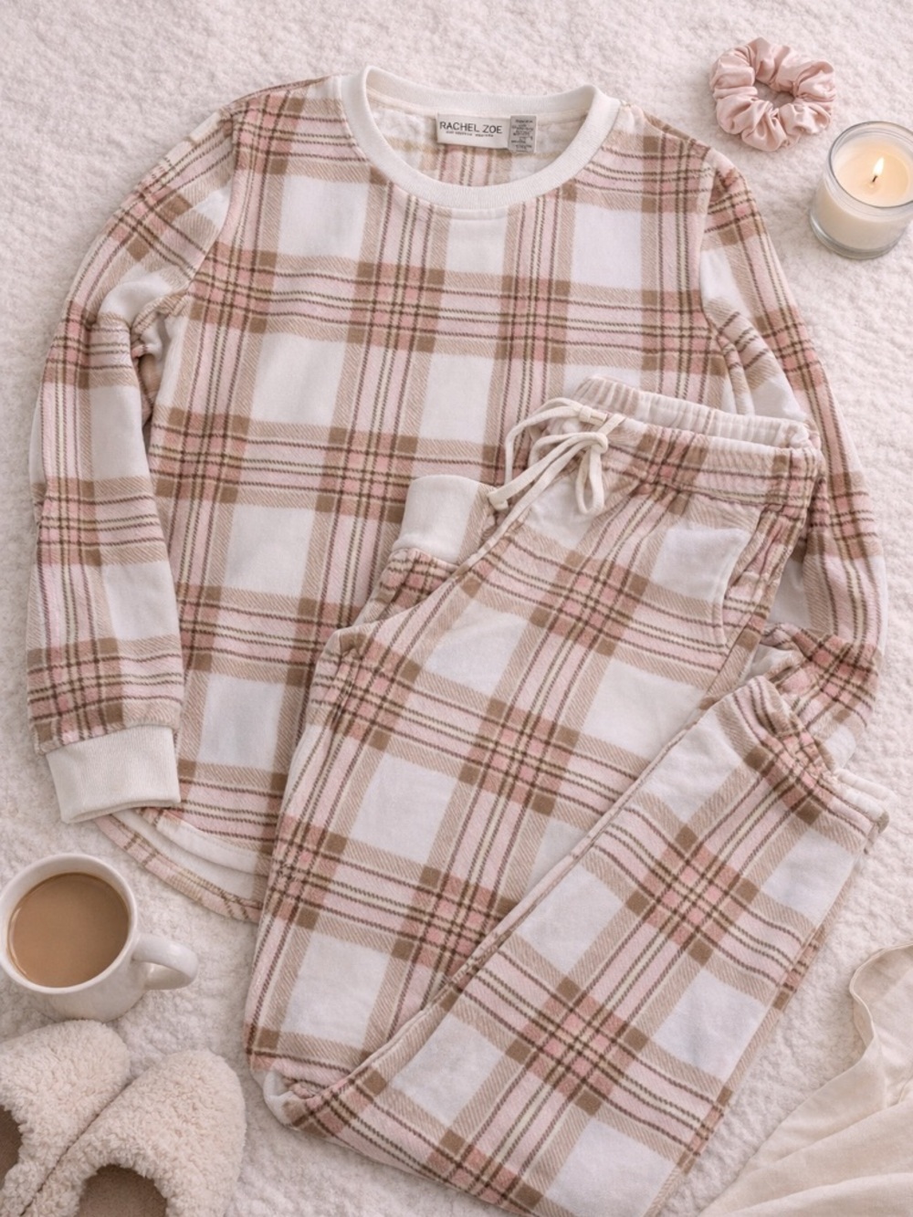 Rachel Zoe Plaid Lounge Set Pink Tan Cozy Pajama Set Size M